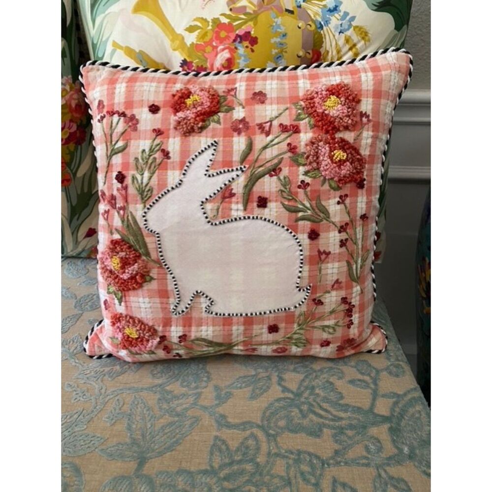 EUC Mackenzie Childs Tattersall Bunny Floral Embroidered Pillow